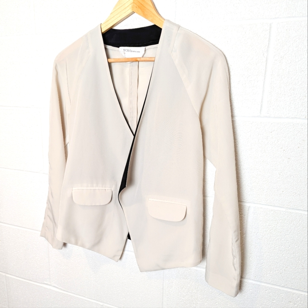 BCBG XS Lightweight Semi-sheer Oatmeal Black Suit Jacket Blazer Open Front Sand